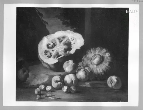 Michelangelo Pace, A watermelon, squash, peaches and plums on a stone ground