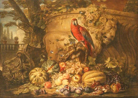 Michelangelo Pace, Still Life of Fruit with a Parrot in a Garden
