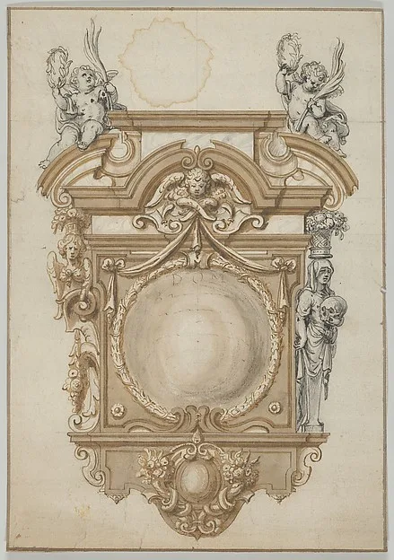 Abraham Jansz. van Diepenbeeck, Design for an Epitaph with a Variant, flanked by Terms and surmounted by statues of Cherubs