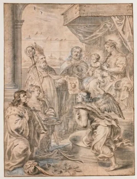 Abraham Jansz. van Diepenbeeck, Maria met kind op troon aanbeden door drie heiligen