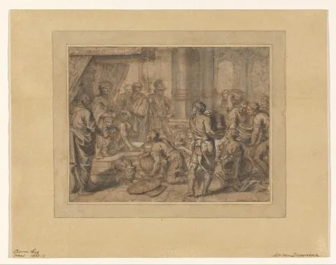 Abraham Jansz. van Diepenbeeck, Interieur met een getroonde koning die geschenken ontvangt