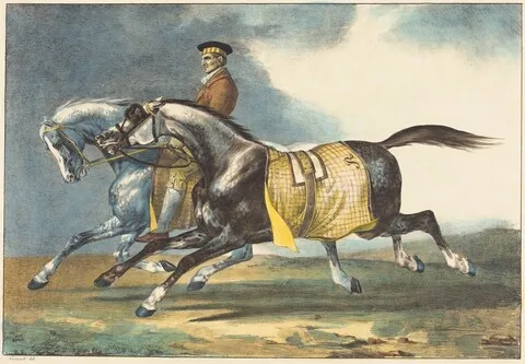 Théodore Géricault, Two Dapple-Gray Horses Exercising (Deux chevaux gris pommele que l'on promene)