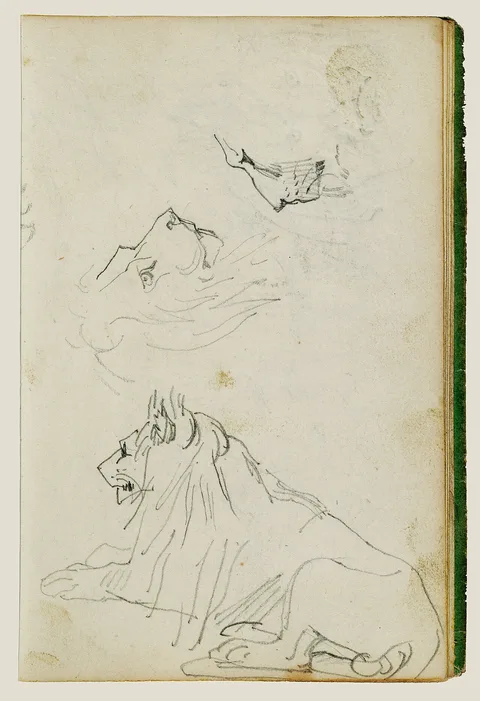 Théodore Géricault, Seated lion, two lion head studies