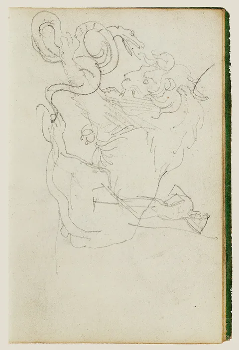 Théodore Géricault, Lion attacking a snake over nude figure study