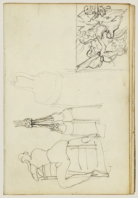 Théodore Géricault, Tassels, seated figure from behind chair, thumbnail study of Charging Chasseur