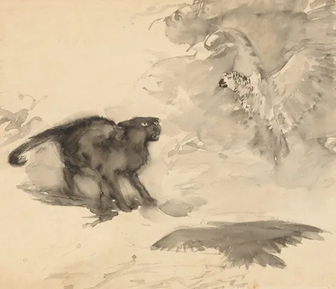 Arthur Rackham, The Parrot and the Cat (Sketch for "Good-Night" by Eleanor Gates)