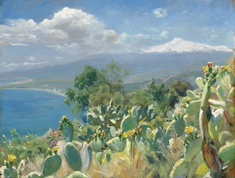 Peder Severin Krøyer, Flourishing cacti near Toarmina. In the background Mount Etna covered in snow.