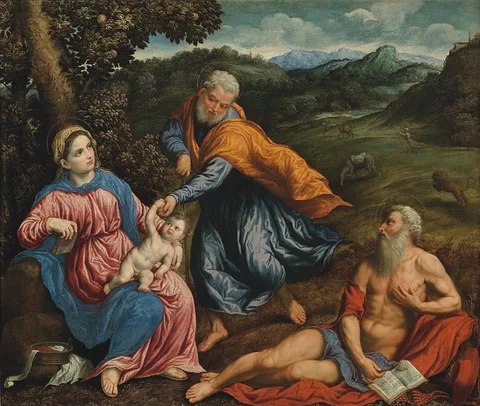 Paris Bordone, The Holy Family with St. Jerome
