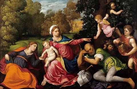 Paris Bordone, Rest on the Flight into Egypt with Saint Catherine and Angels