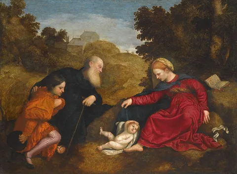 Paris Bordone, Madonna and child with St Antony abbot and a young male donor