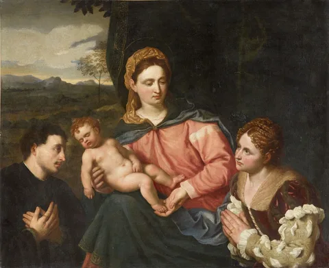 Paris Bordone, Madonna and Child with two donor figures