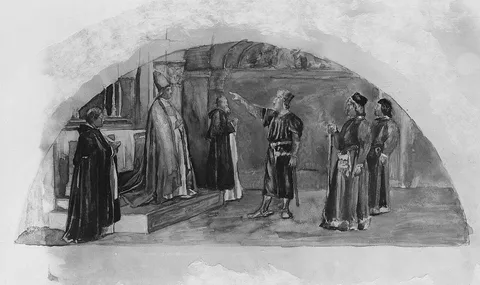 John La Farge, The Adjustment of Conflicting Interests: Count Raymond of Toulouse Swears at the Altar to Observe the Liberties of the City;ì Color Study for Mural, Supreme Court Room, Minnesota State Capitol,ì Saint Paul