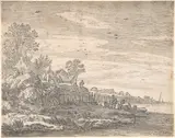 Pieter de Molijn, Village on an estuary, with a rowing boat on the shore