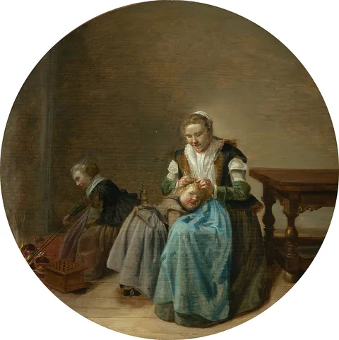 Dirck Hals, Mother taking care of a child in an interior, with another child by the fireplace