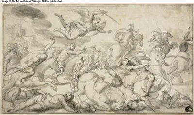 Dirck Hals, Battle Scene with Horsemen Fleeing from Avenging Angel