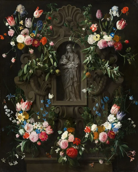 Daniel Seghers, Garland of Flowers surrounding a Sculpture of the Virgin Mary