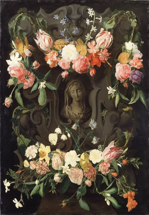 Daniel Seghers, Flower around a Cartouche with an Image of the Virgin