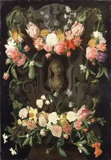 Daniel Seghers, Flower around a Cartouche with an Image of the Virgin