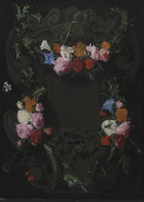 Daniel Seghers, A Stone Cartouche with a Garland of Flowers