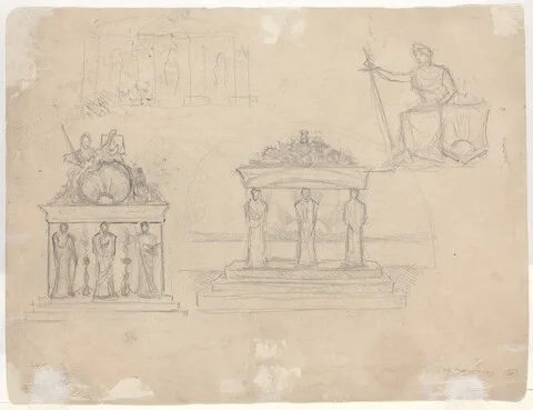 John William Casilear, Studies of Classical Temple Facades and Seated Female Figure [verso]