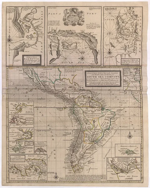 Herman Moll, A New & Exact MAP of the Coast, Countries and Islands within ye LIMITS of ye SOUTH SEA COMPANY (Herman Moll, 1726)