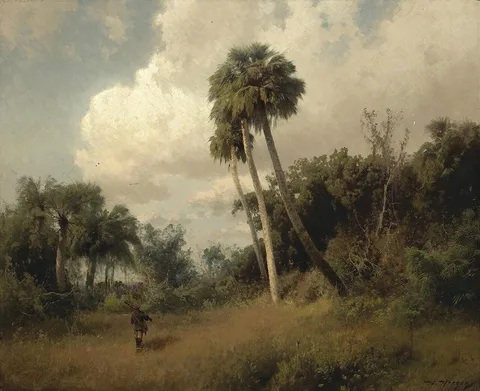 Hermann Ottomar Herzog, A Hunter among Windswept Palms and Passing Clouds