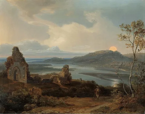 Carl Rottmann, Ruin of a Chapel near a River with Rising Moon