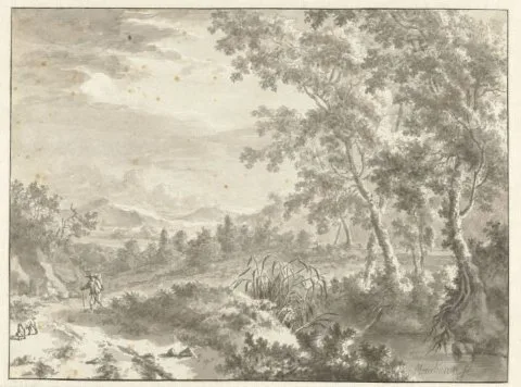 Frederik de Moucheron, Hilly Landscape with Large Trees and a Traveller