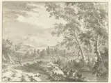 Frederik de Moucheron, Hilly Landscape with Large Trees and a Traveller