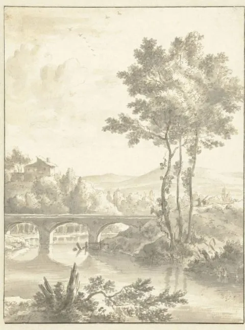 Frederik de Moucheron, Landscape with a Multi-Arched Bridge
