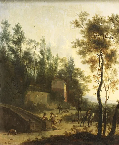 Frederik de Moucheron, Italian landscape with hunters