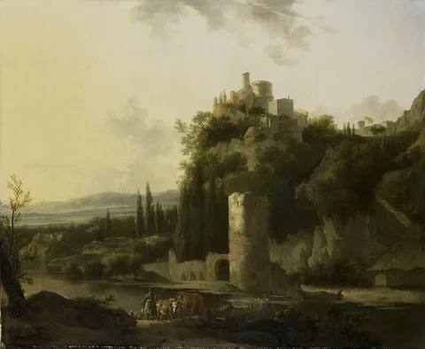Frederik de Moucheron, Italina landscape with round tower