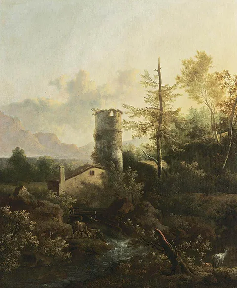 Frederik de Moucheron, Mountainous Wooded River Landscape