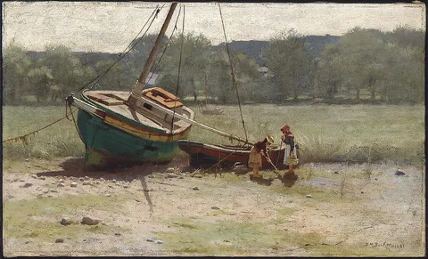 Dennis Miller Bunker, Salt Marsh Landscape with Two Children near a Beached Sailboat and Dory