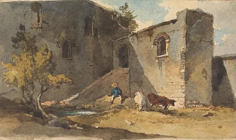 George Chinnery, Figure with Cattle Standing in the Shadow of a Building
