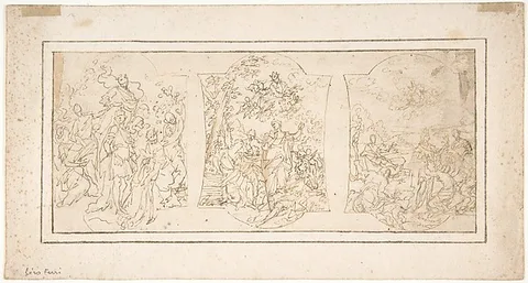 Ciro Ferri, Drawing for Ceiling Decoration Consisting of Three Panels Each Showing a Different Scene with Figures
