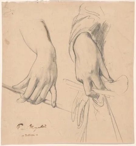 Paul Friedrich Meyerheim, A Left Hand Holding a Staff and a Right Hand Holding a Glove and Riding Crop(?)
