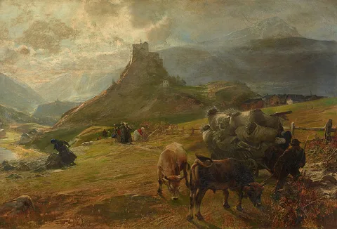 Paul Friedrich Meyerheim, Mountain landscape with cows. Tarasp