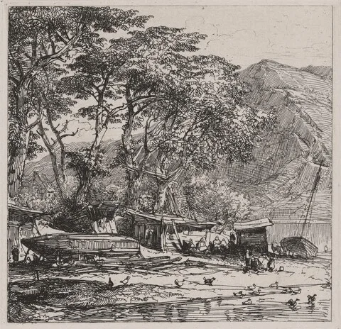 Caspar Scheuren, Fishing Village with Boats on the Shore