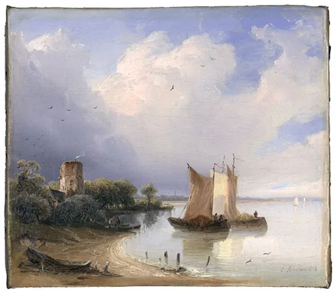 Caspar Scheuren, River landscape with two sailboats and a round tower on this shore