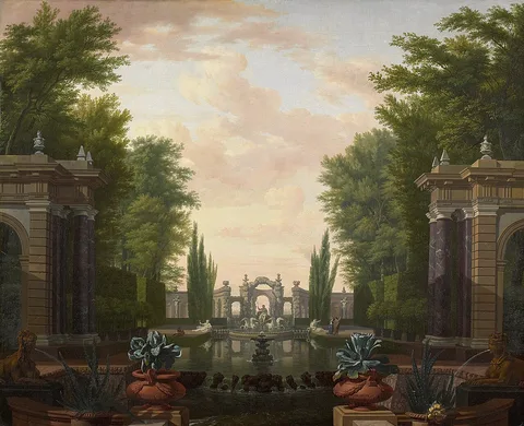 Isaac de Moucheron, Statues and buildings on the water in a park