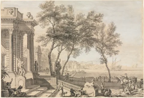 Isaac de Moucheron, Fantastic Harbor Scene with Architecture and Figures