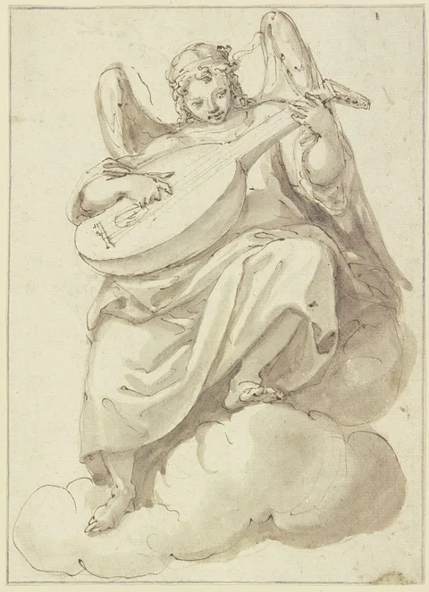 Federico Zuccari, An angel sitting on a cloud playing a lute