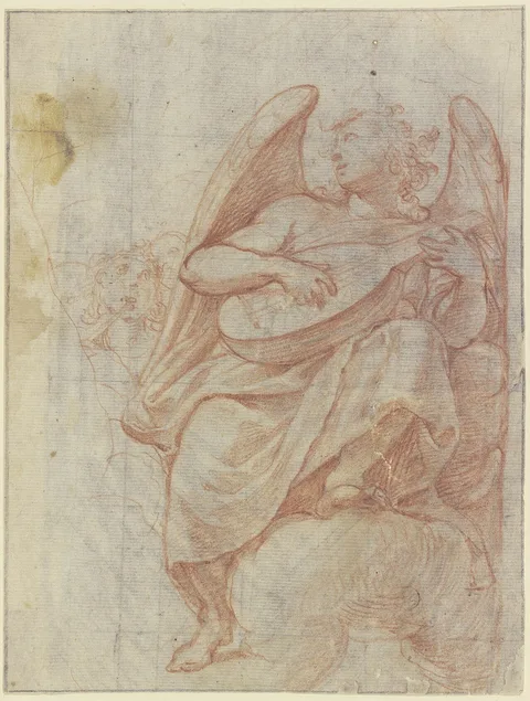 Federico Zuccari, An angel on clouds playing the lute, some heads in the background