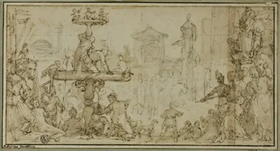 Federico Zuccari, A Pope Receiving a Dignitary in a Public Place (recto) Caricatures of Heads (verso)