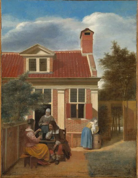 Pieter de Hooch, Three Women and a Man in the Courtyard behind a House