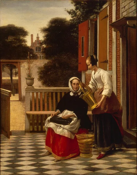 Pieter de Hooch, Woman and a maid with a pail of fish in a courtyard