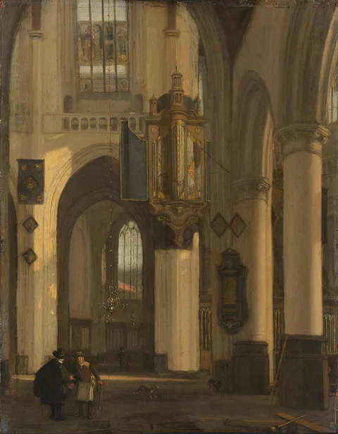 Emanuel de Witte, Interior of a Protestant Gothic church with motifs of the Oude and the Nieuwe Kerk in Amsterdam