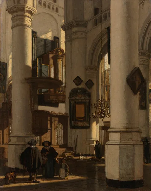 Emanuel de Witte, Interior of a Protestant, Gothic Church, with a Gravedigger in the Choir