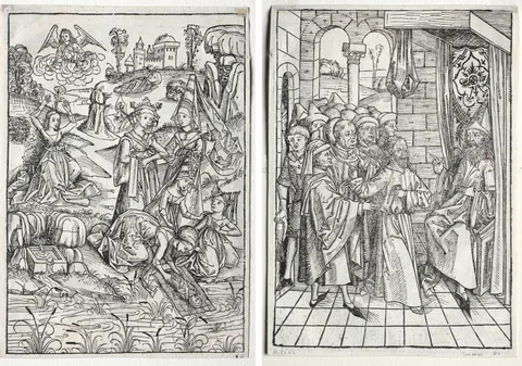 Michael Wolgemut, Der Schatzbehalter:  Moses Found by Pharaoh's Daughter (recto); Der Schatzbehalter:  Christ before Caiaphas (verso)